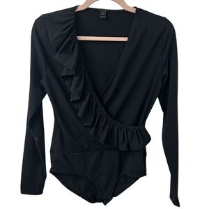 J.Crew Faux Wrap Ruffled Long Sleeve Bodysuit S Black